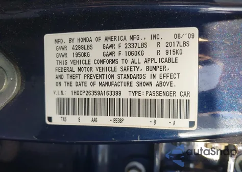 2009 Honda Accord 2.4 Lx из США, поврежденный, VIN 1HGCP26359A163399